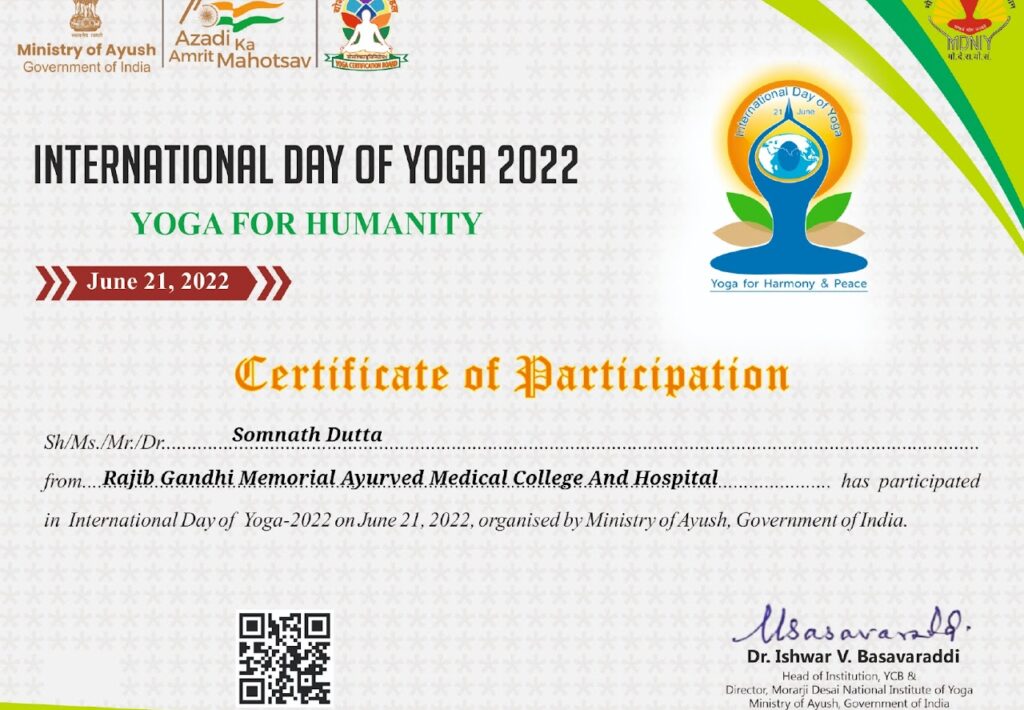 Participation in International Day of Yoga 2022 – Ministry of AYUSH -Dr. Somnath Dutta