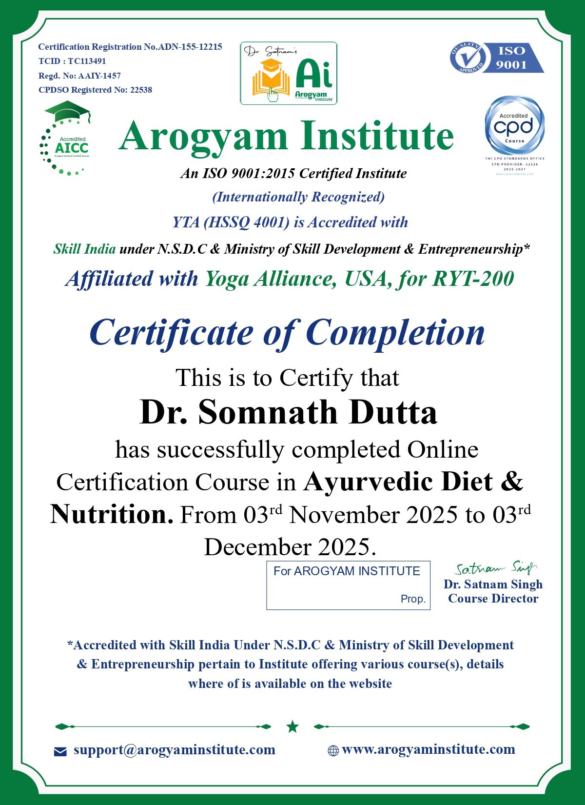 Certification in Ayurvedic Diet & Nutrition