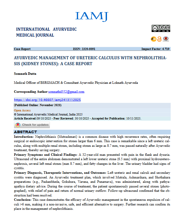 Ayurvedic Management of Ureteric Calculus (Kidney Stones) – A Clinical Case Report