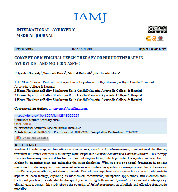Medicinal Leech Therapy (Jalaukavacharana): Ayurvedic and Modern Perspective