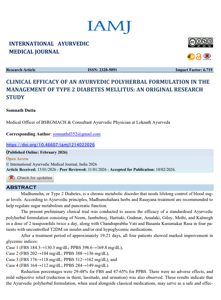 Clinical Efficacy of an Ayurvedic Polyherbal Formulation in Type 2 Diabetes Mellitus – Original Research by Dr. Somnath Dutta