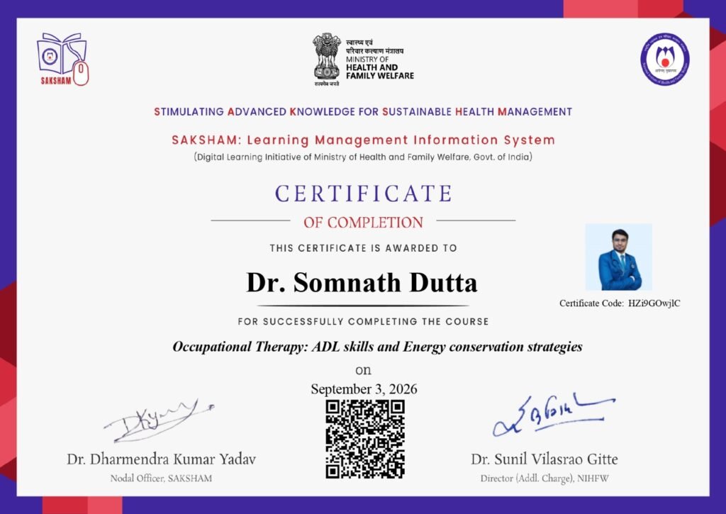 Dr. Somnath Dutta Occupational Therapy course certificate from SAKSHAM Ministry of Health and Family Welfare