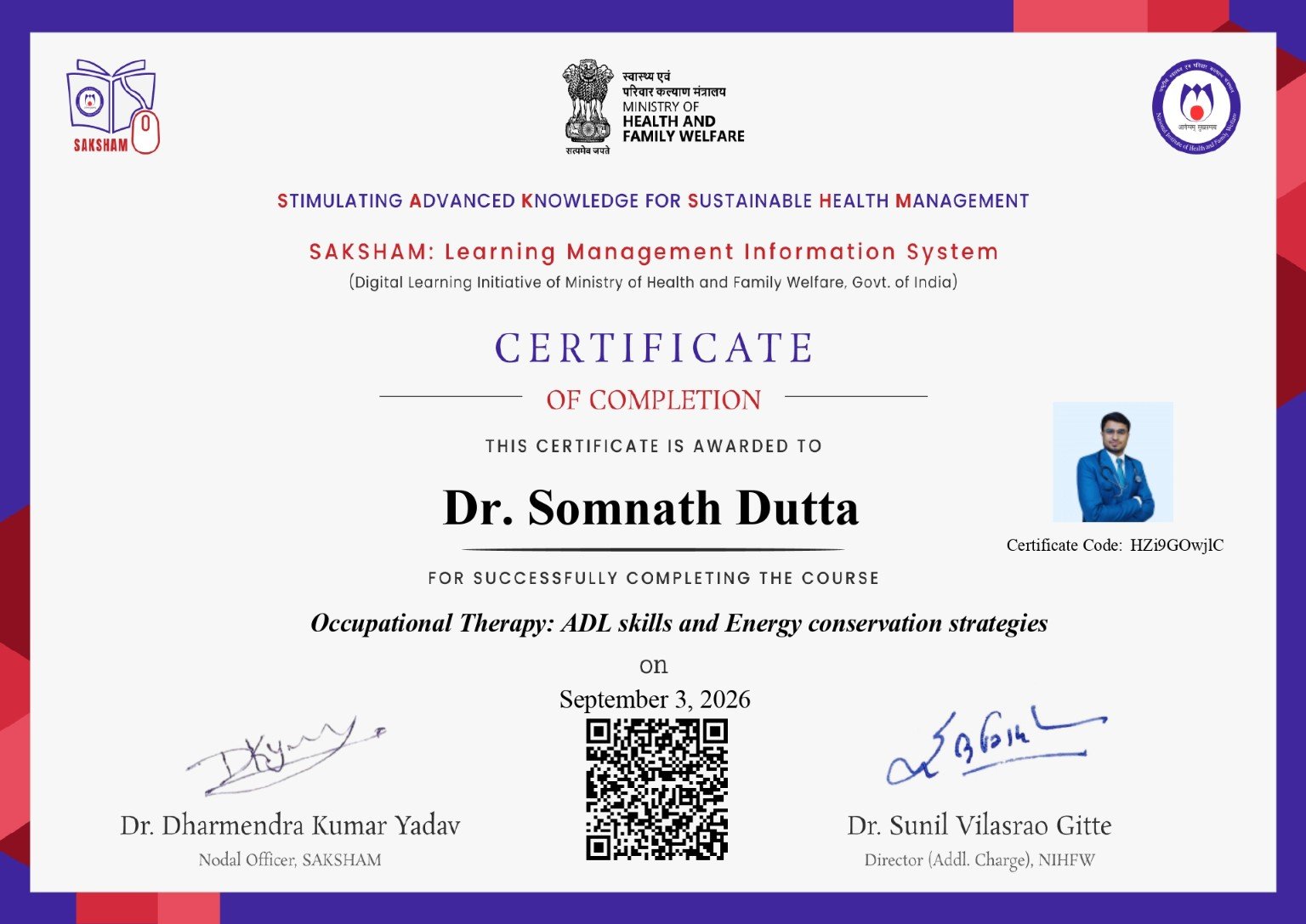 Dr. Somnath Dutta Completes Occupational Therapy Course Under Ministry of Health and Family Welfare
